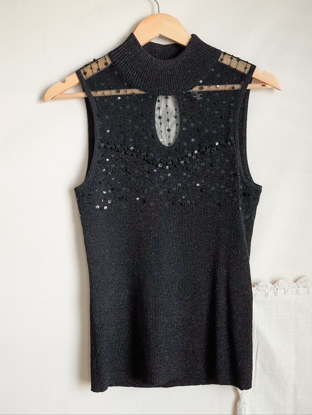 Cable & Gauge Black Sequin Beaded Sheer Mesh Mock Neck Sleeveless Top M